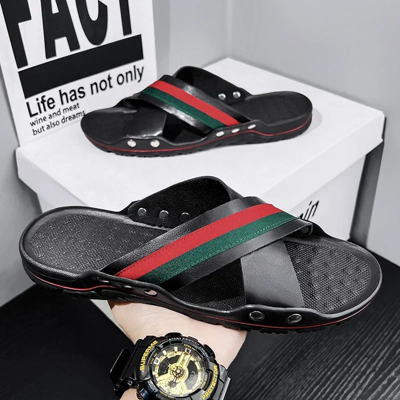 

Мужские летние сандалии на плоской подошве в стиле ретро, уличные дышащие кожаные повседневные пляжные нескользящие домашние тапочки с росовым носком, обувь для мужчин