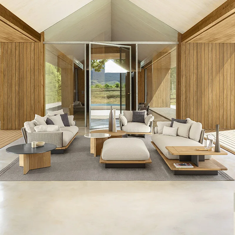 

！@Luxury Modern and Simple Teak Rattan Sofa Set with Braided Rope for Garden Balcony Hotel Outdoor Furniture