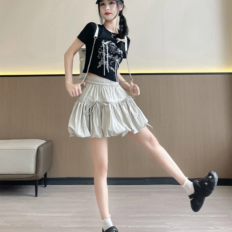 Women Sweet Bowknot Bubble Short Skirt Ruffle Pleated Balloon Skirts Elastic Waist A Line Flared Skirt Streetwear 066C