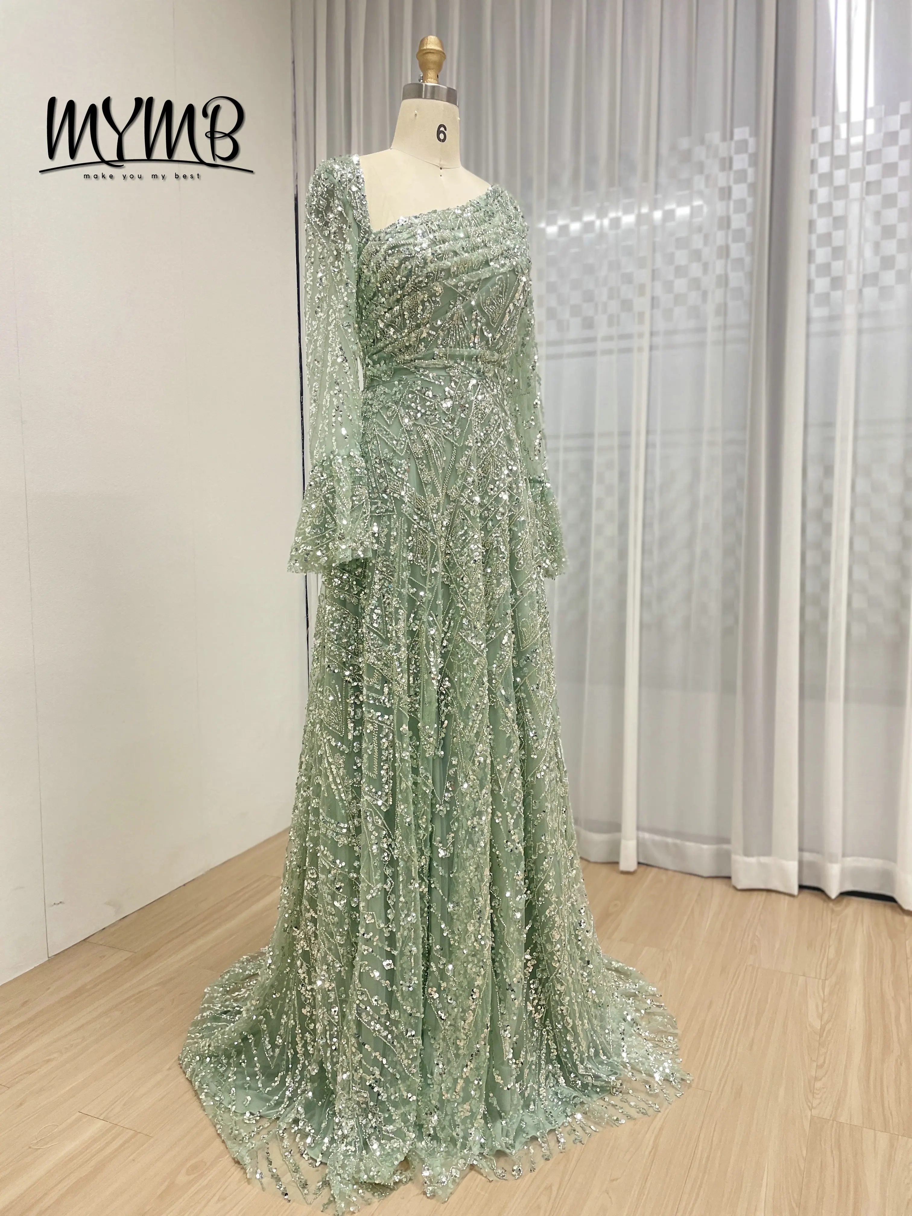Mymb lindo deslumbrante elegante manga longa uma linha vestido de noite de baile com contas bordadas requintadas para ocasiões formais MY30089-2