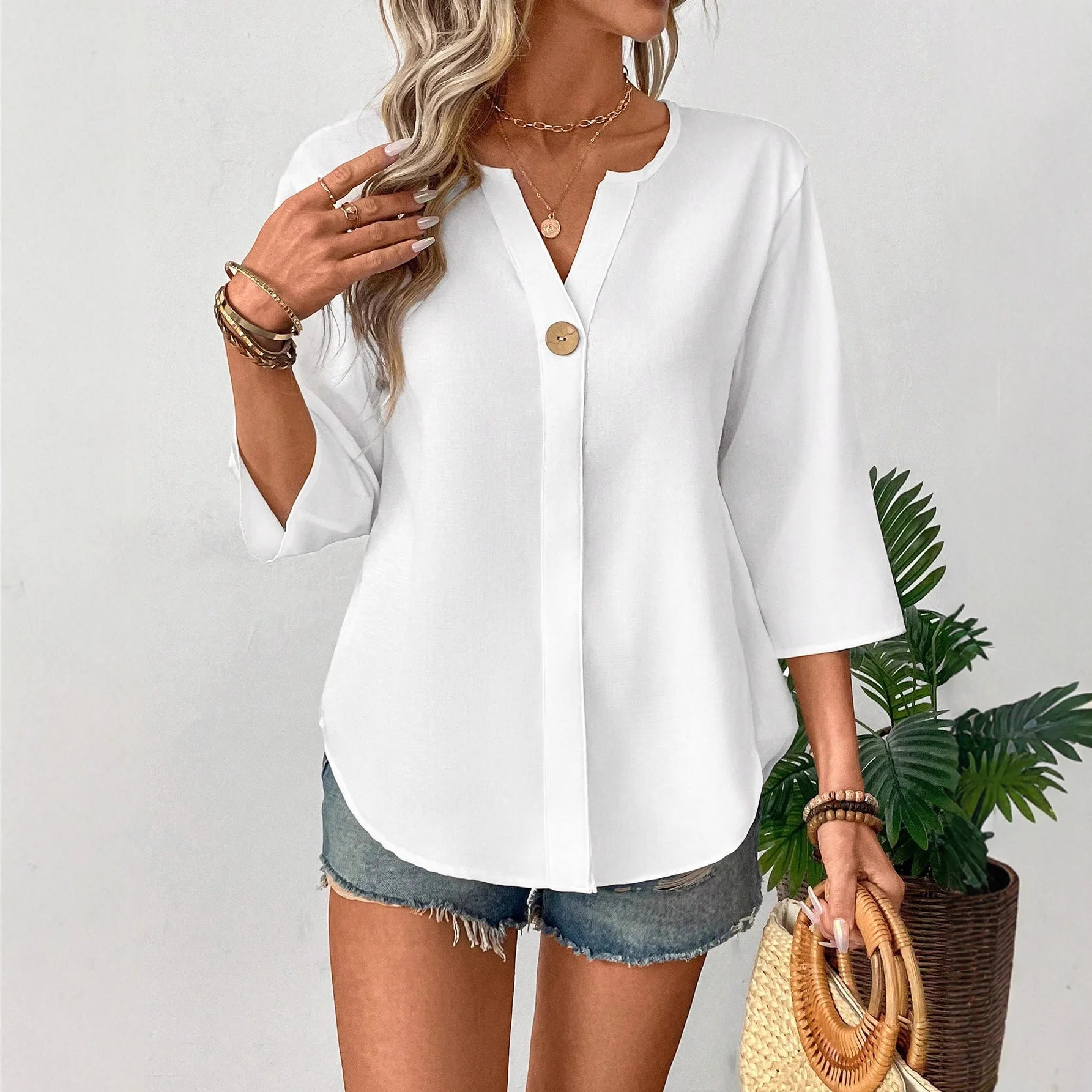 Lady Cloth Summary New Women's Three-quarter Sleeve Button-down Solid Color V-neck Random Loose Shirt Birthday Dress Clothing Bo