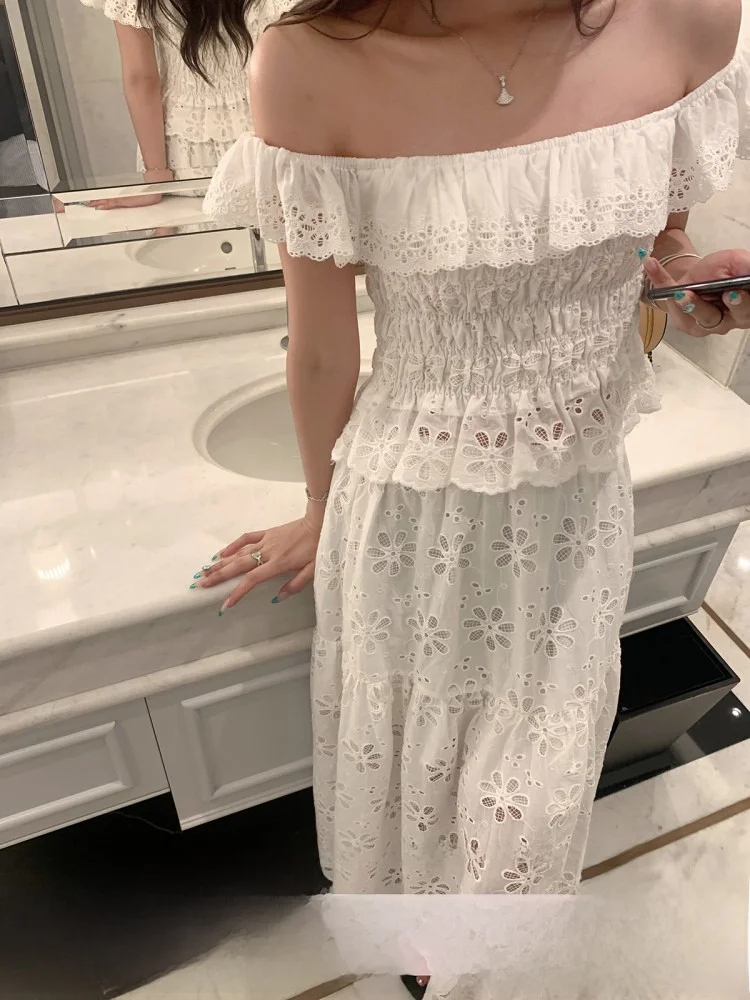 

YOLI White Lace Puffy f Skirt Women's Summer Ele Hollow out Flower Skirt A-Line Midi Skirt with Polyester Fiber