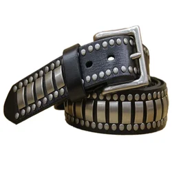 3.8cm Luxury Real Genuine Leather Belt With Rivet Male Metal Buckle Handmade Pure Cowhide Retro All-match Casual Jeans Soft Belt