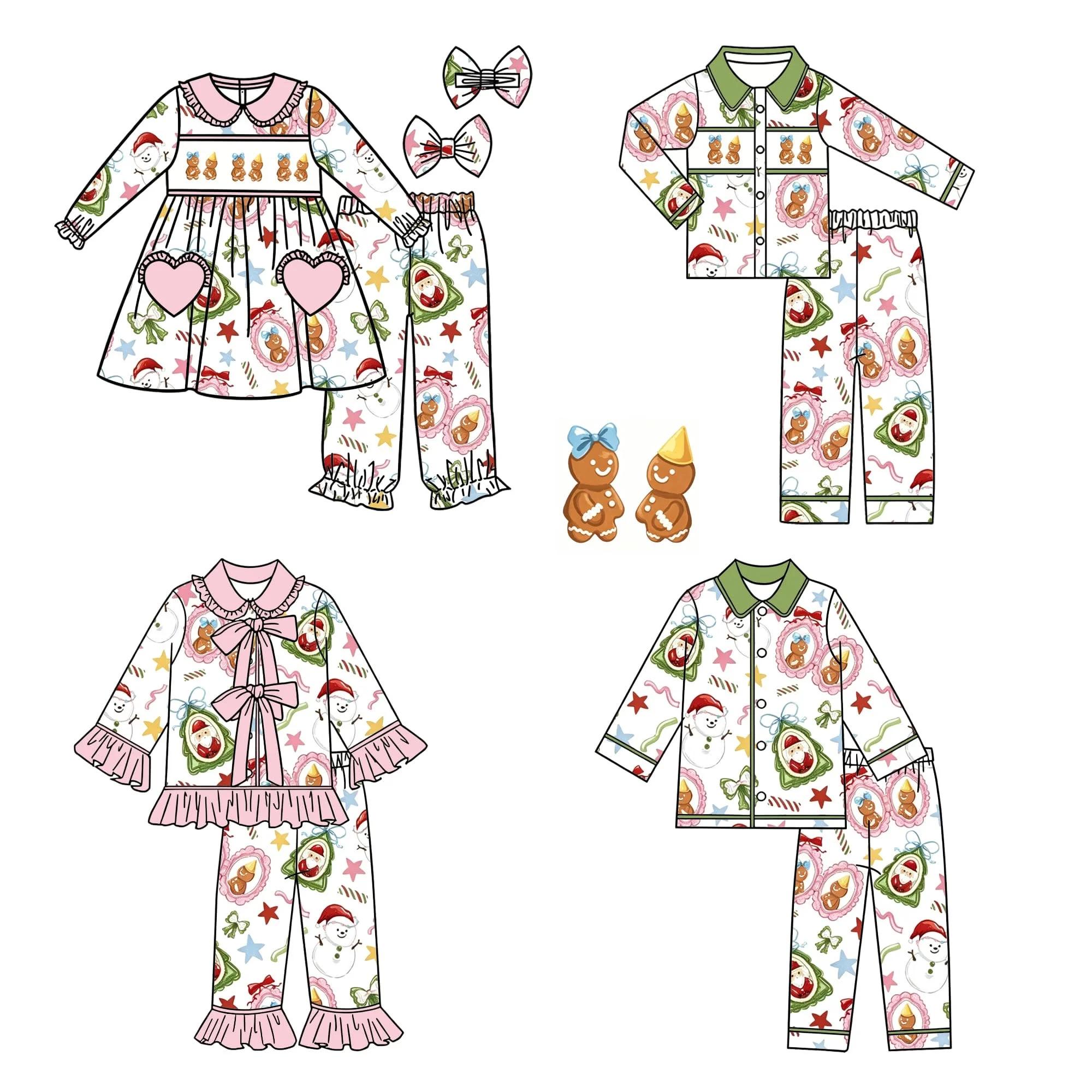 Fashion Casual Frill Long Sleeve Christmas Santa Claus Print Child Milk Silk Suit Boys Girls Bow Heart-Shaped Pockets