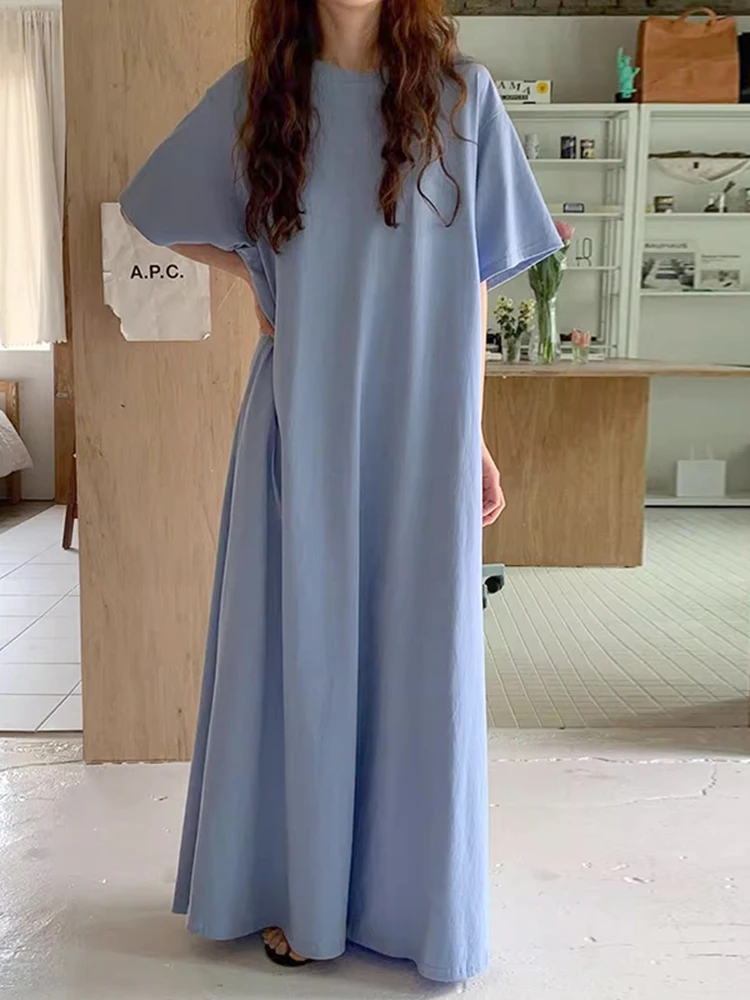 SuperAen Koreanische Chic Sommer Rundhals Lose Beiläufige Lange Kurzen ärmeln T-shirt Kleid Frauen