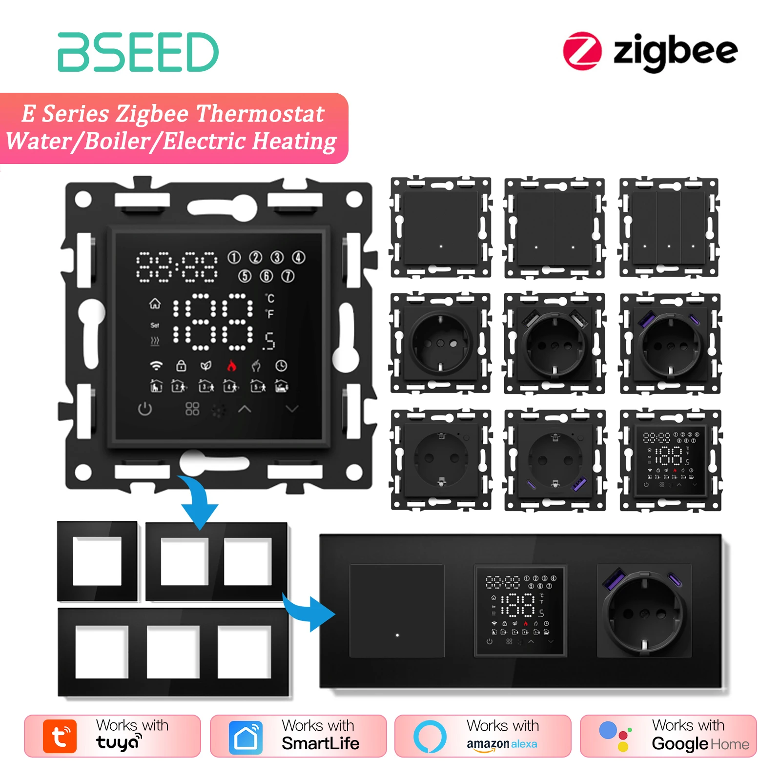 BSEED Zigbee Thermostat Smart Thermostat Controller Floor Heating/Boiler/Water Function Part Glass Frame Tuya Smart Life Control