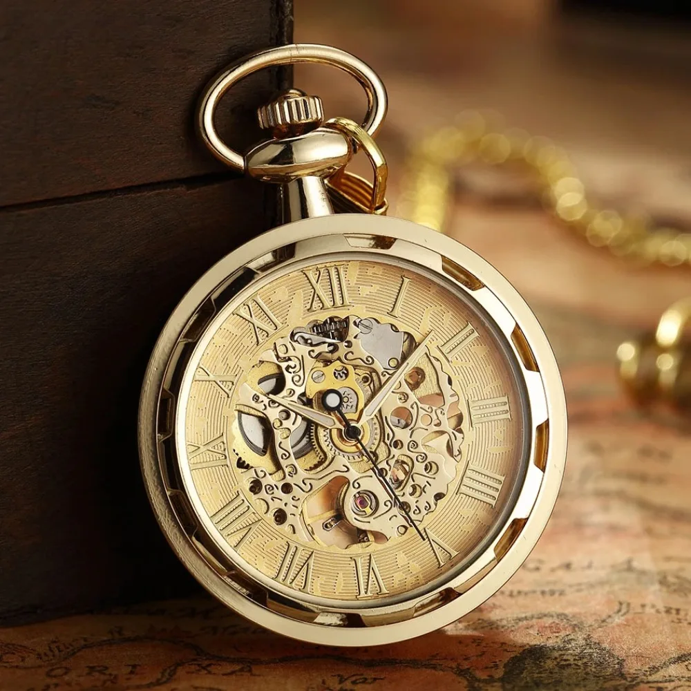 Gold Unisex Mechanical Fob Pocket WatchVintage Watch Necklace Steampunk Skeleton Mechanical Fob Hand-winding Men Women Clock