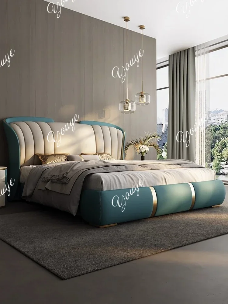 X40 W First Layer Cowhide Light Luxury Luxury High-end Atmospheric Double Bed Modern Master Bedroom Soft Bag Bed