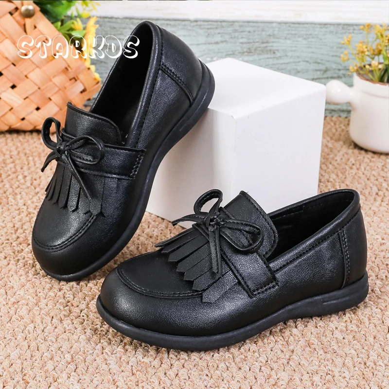 Patent Leather Bow Loafers Kids Girls Classic Tassel School Shoes Children Versatile  Casual Black White Slip-on Flat Zapatos