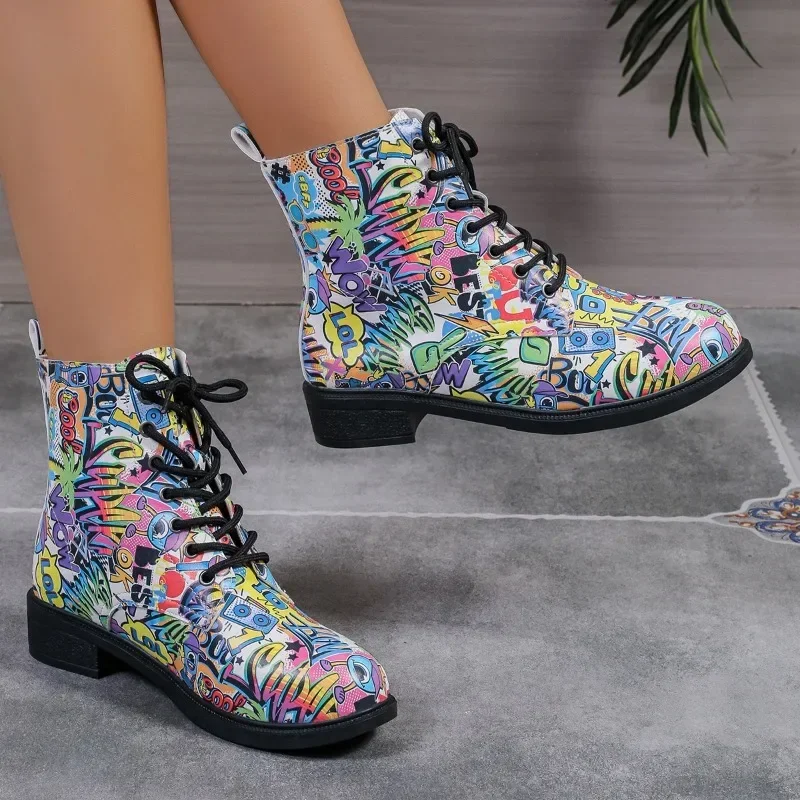 Autumn New Chunky Single Boots Women's Fashion Round Head Printed Front Lace-up Anti-slip Wear-resistant Short Boots