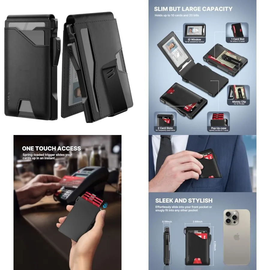 

Tactical Wallet for Men Card Holder: Pop Up Card Case, Genuine Leather, Smart, RFID Blocking, Slim, Minimalist, Thin, Front Poc