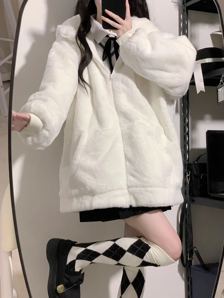 Japanese Style Kawaii Fluffy Coat Y2k Women Aesthetic Fairy Grunge Jacket Warm Outwear Ber Ear Hooded White Jackets Cute Top 90s