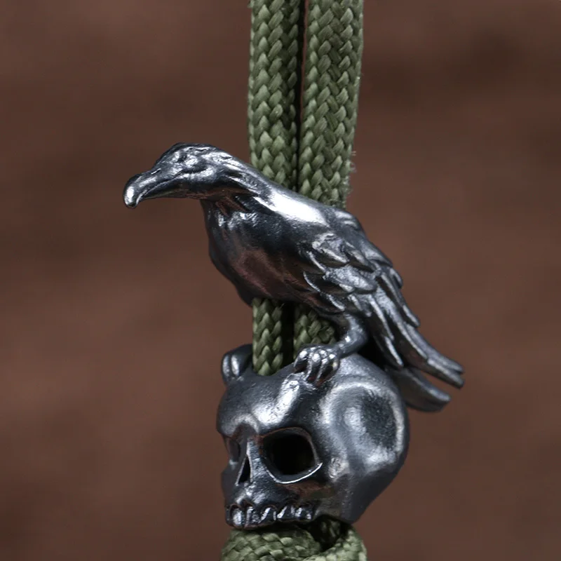 Raven Skull Brass Knife Bead Crow EDC DIY Paracord Woven Bracelet Lanyard Pendant Accessories Outdoor Tool Hangings Charms Punk