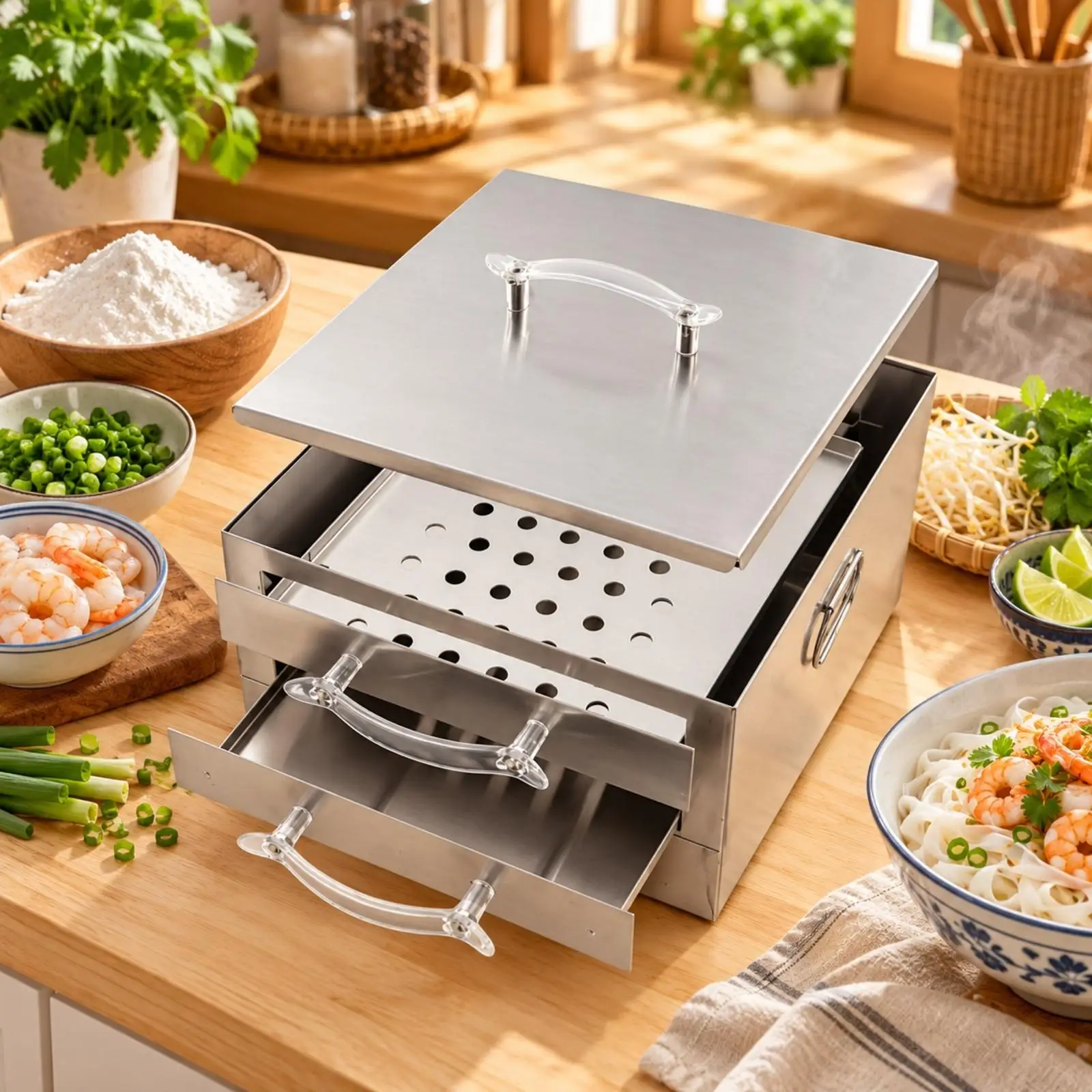 Stainless Steel Rice Noodle Steamer for Stovetop Use with Pull Out Tray and Clear Handle for Homemade Rice Rolls