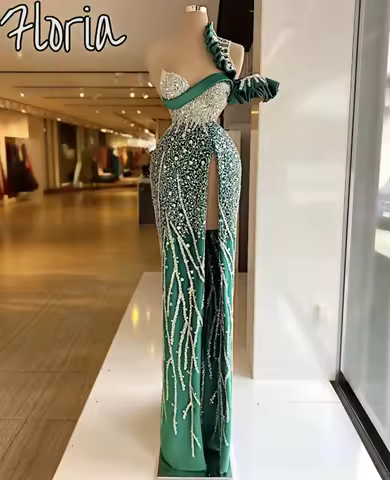 Green Beads Mermaid Evening Dresses One Shoulder Evening Dress Arabic Full Length Prom Dress With High Slit Ball Gowns