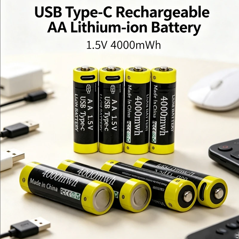 USB Type-C Rechargeable AA Lithium-ion Battery 1.5V 4000mWh for Remote Control Small Fan Mouse - Eco-Friendly AA