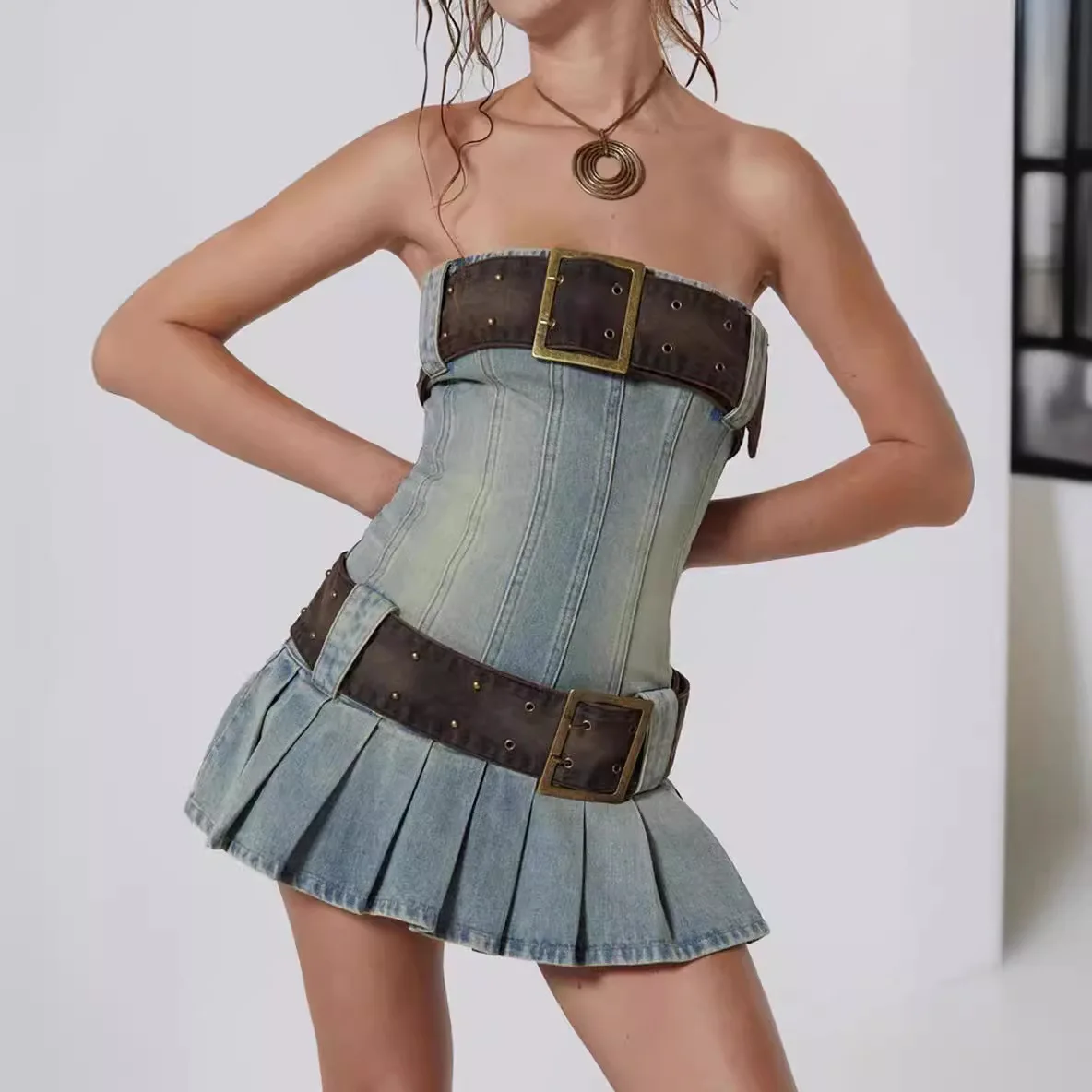 

Jaded London Millennium Spicy Girl Retro Super Wide Detachable Waist Belt Denim Pleated Tube Dr Women's Strapl Summer D...