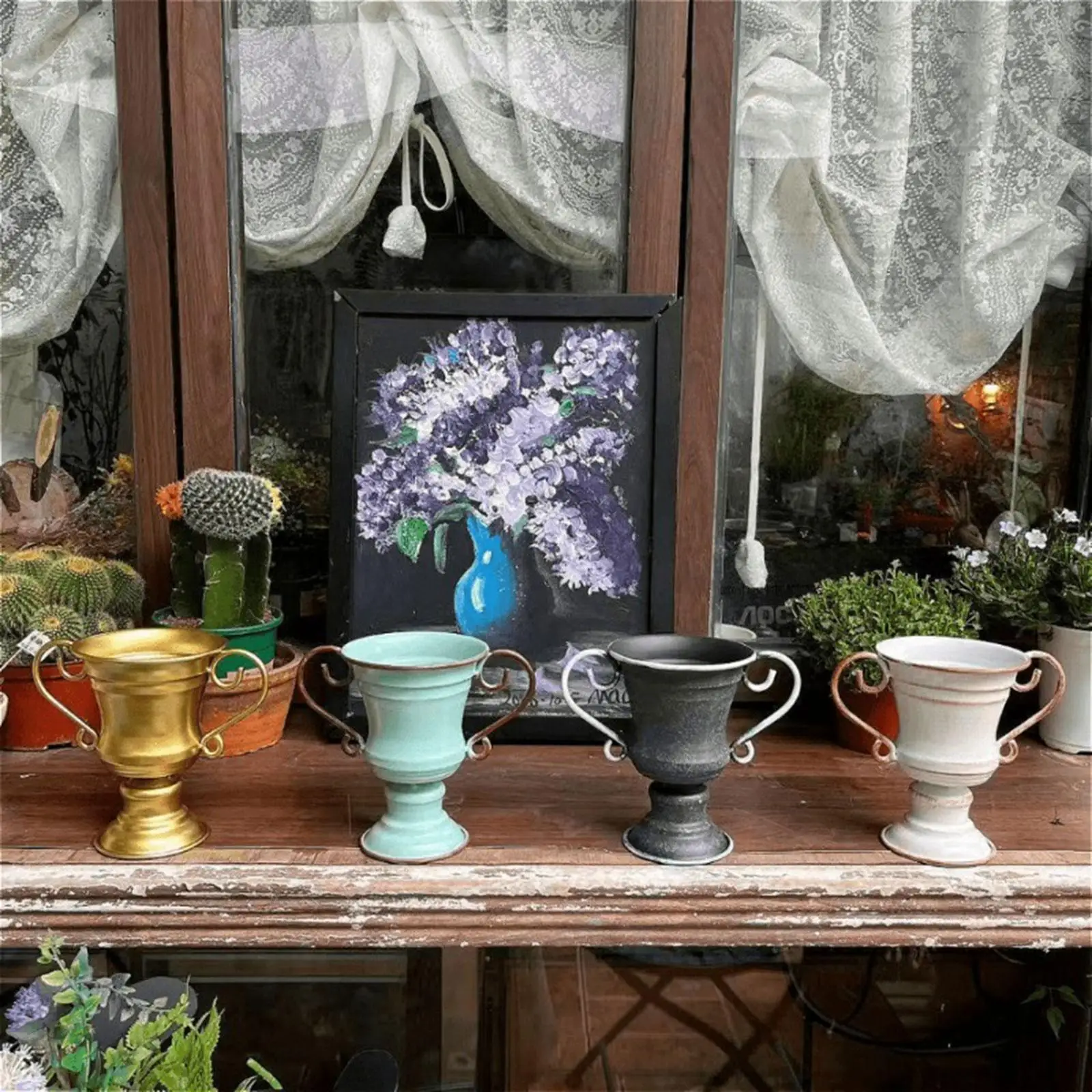 Vintage Trophy Flower Pot Metal Plant Container Classic Decorative Ornamental Vase for Home Garden Indoor Outdoor