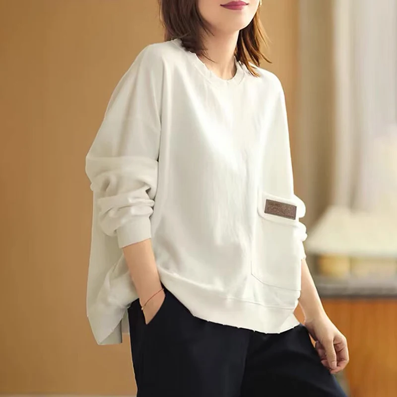 Puur katoenen lang Sve-sweatshirt Casual ronde Ne-pullover Lente Herfst Faionable Veelzijdige losse top voor dames
