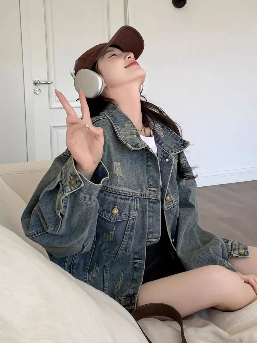 

Джинсовое пальто, уникальная весенне-летняя женская куртка, женская осенняя лоскутная винтажная саржа, модные погоны, субкультурные пуговицы на каждый день