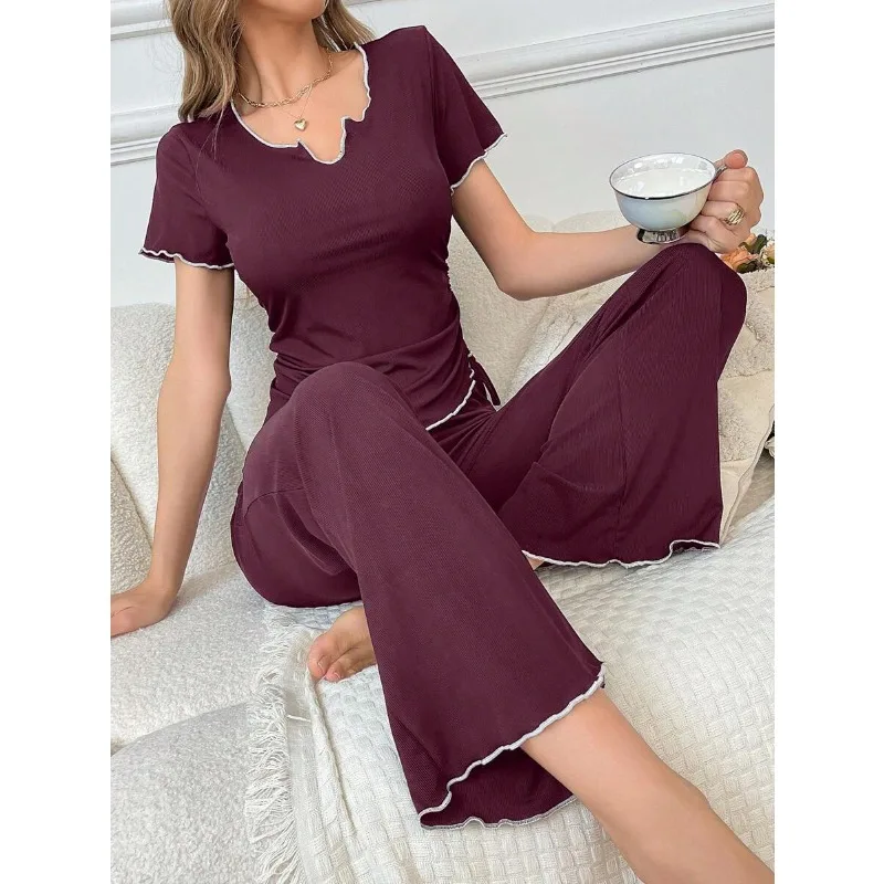 2pcs Set Women's Short Sleeve & Long Pants Loungewear Set Casual Soft Sleepwear Pajamas Home Wear Outfit