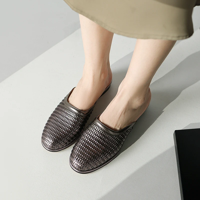 Women Shoes Weave Mules Genuine Leather  Flats For Woman Cowhide Cozy Mullers None Slip Spring Autumn Ladies Flat Shoes