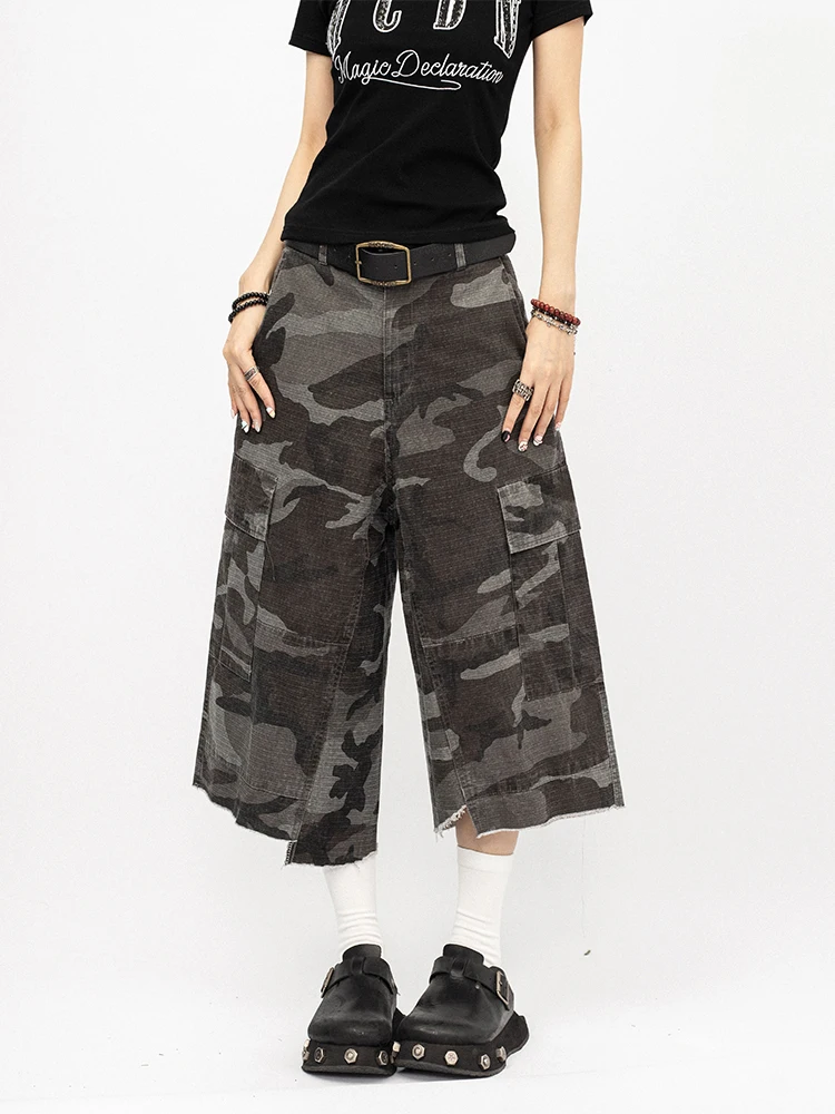 

American Sle Vintage Camouflage Loose Wide Leg Workwear orts Women's Cut Design Casual Pants High Waist Seven-Foot Length
