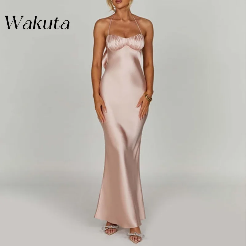 

WAKUTA Fashion Halter Hanging Sleeveless Strapless Evening Gowns Solid Backless Cocktail Ball Evening Vestidos Estido De Fiesta