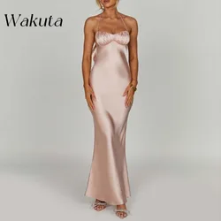 WAKUTA Fashion Halter Hanging Sleeveless Strapless Evening Gowns Solid Backless Cocktail Ball Evening Vestidos Estido De Fiesta