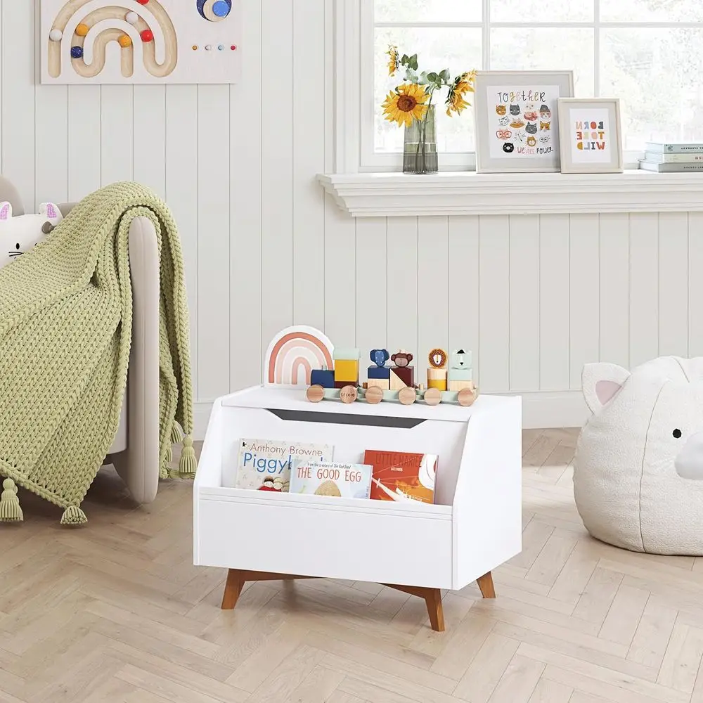White Wooden Toy Chest with Front Book Holder, Kids Storage Bench Organizer for Boys & Girls