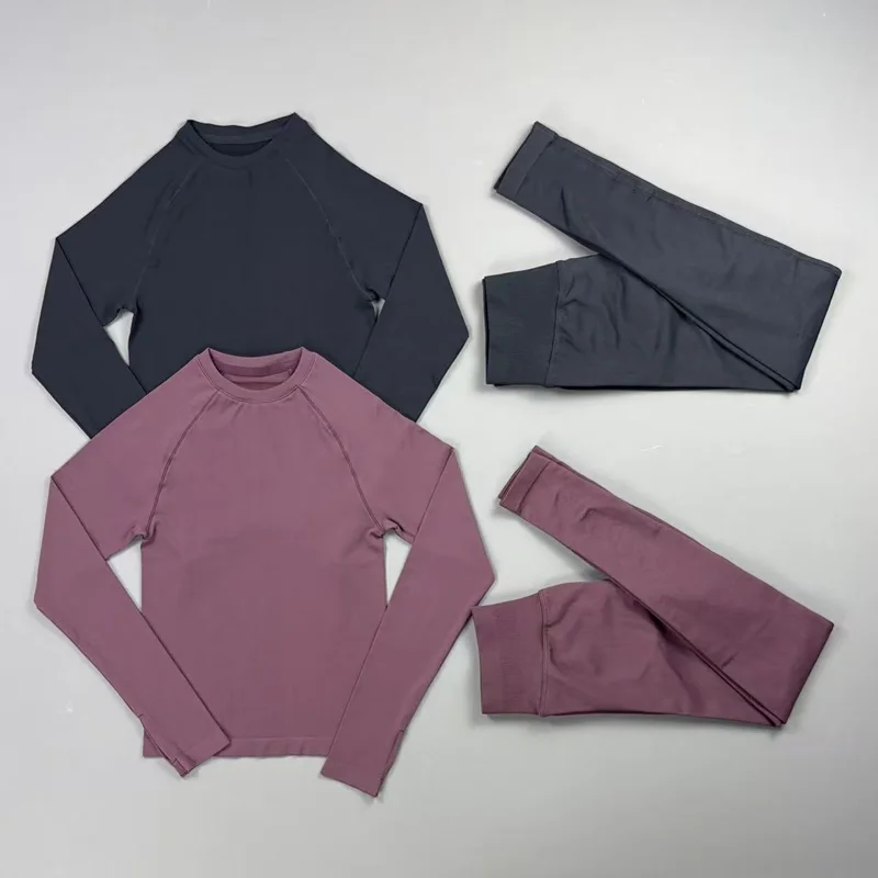 HISTELLO Women Gym Set Seamless Defy Long Sleeve Top Butt Lift Leggings Sports Suit Yoga Workout Running Fitness Sportswear