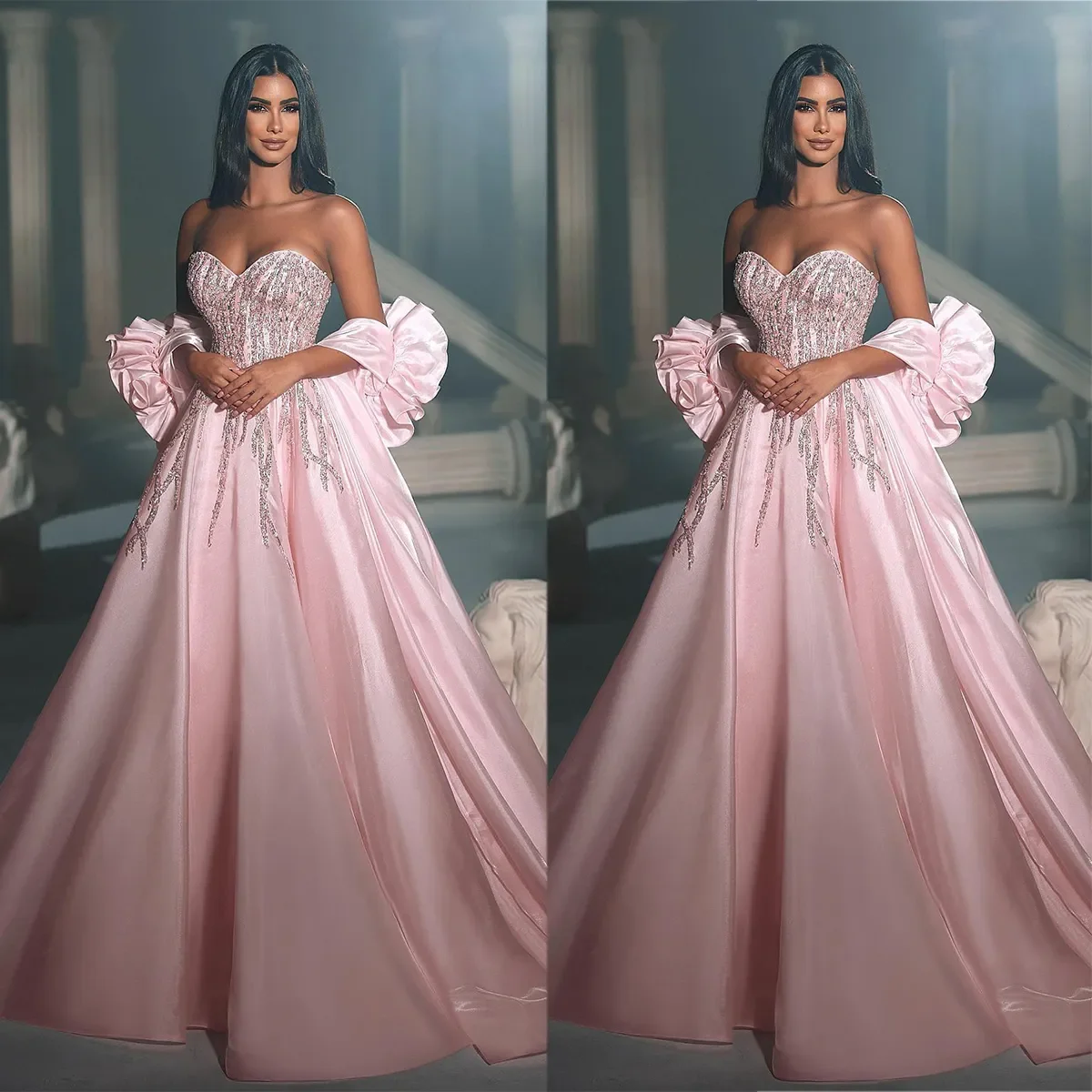 2024 Pink Sweetheart Strapless Wedding Dresses Mexico Princess A Line Satin Glittery Sequins Evening Gowns With Wrist Corsages