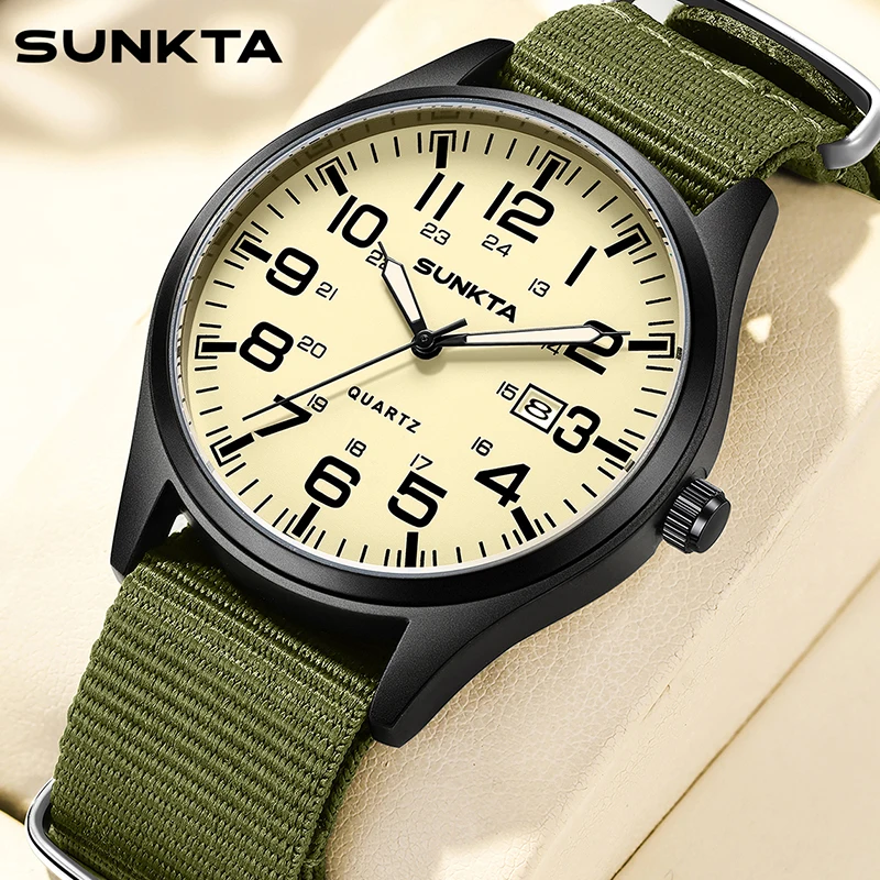 SUNKTA جديد ساعات المعصم الرجالية الكوارتز موضة الأسبوع العسكري تاريخ ساعة الرجال النايلون مقاوم للماء مضيئة كرونوغراف Montre أوم + صندوق #6