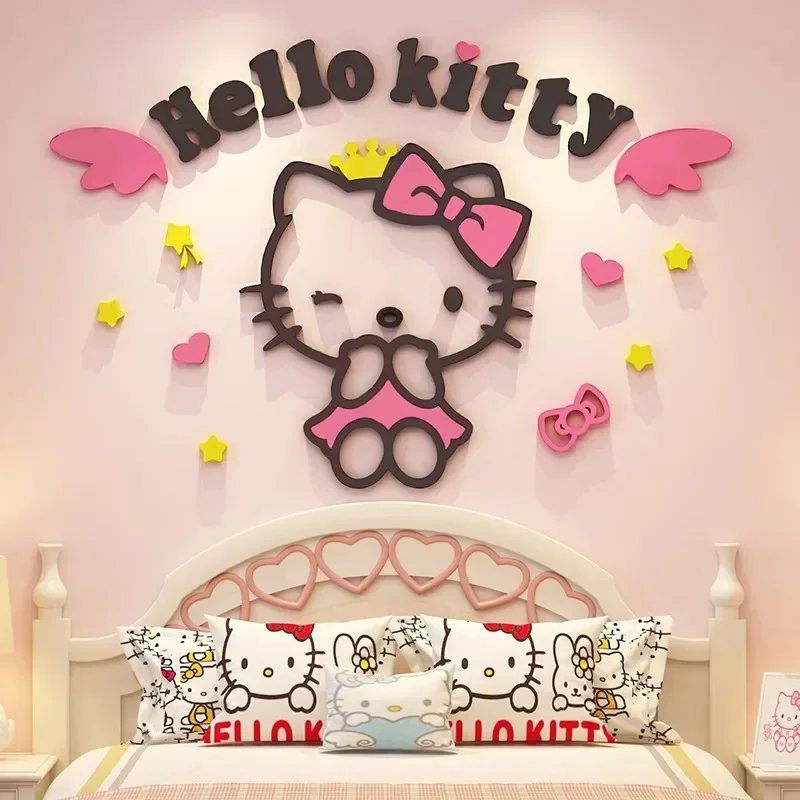 Sanrio Hello Kitty Acrylic Bedside Cute Decoration Sticker 3D Stereo Wall Stickers Self-assembly Cartoon Painting Children Gifts