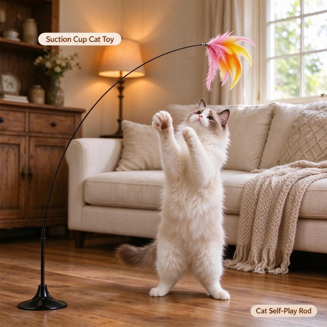 Suction cup cat stick toy，dual stick interactive kitten toy，suitable for indoor cats with badminton accessories，suction cup base