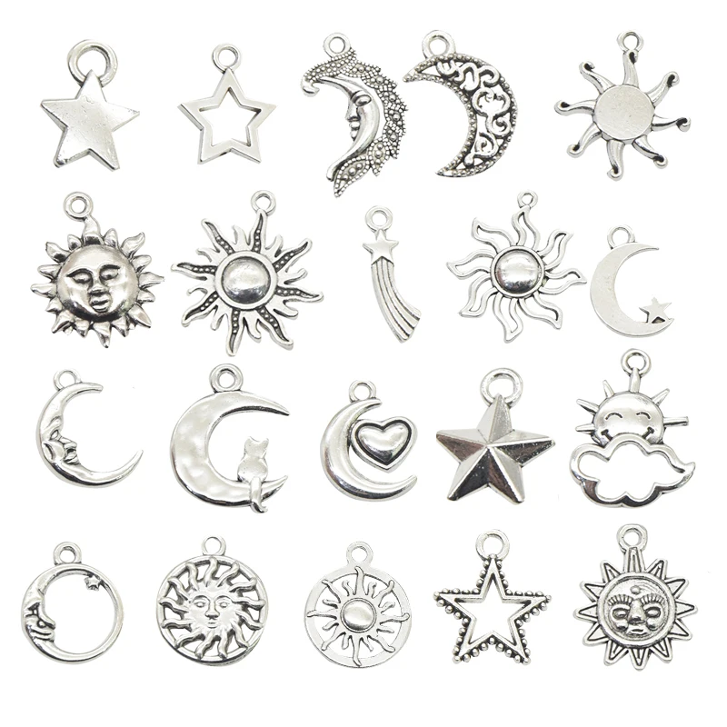 20pcs Mixed Antique Silver Color Sun Moon Stars Charms Alloy Metal Pendants For DIY Bracelets Necklace Jewelry Making Crafting