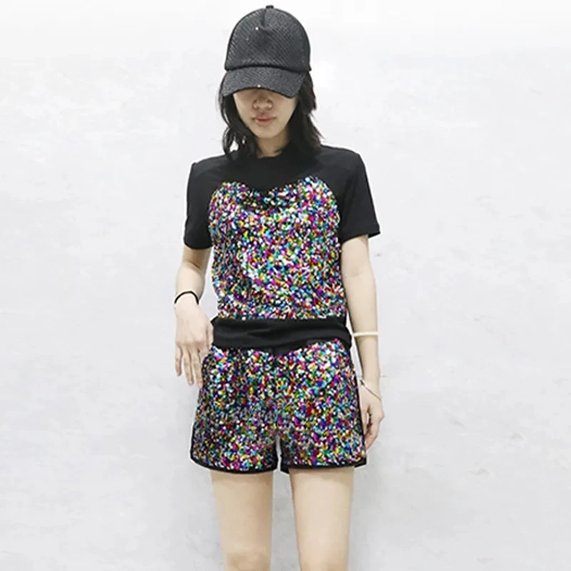 

Glitter set Women's 2025 Summer New Fashion Casual Shiny Short Sleeve+Elastic Waist Wide Leg Pants Two Piece Set Trendy