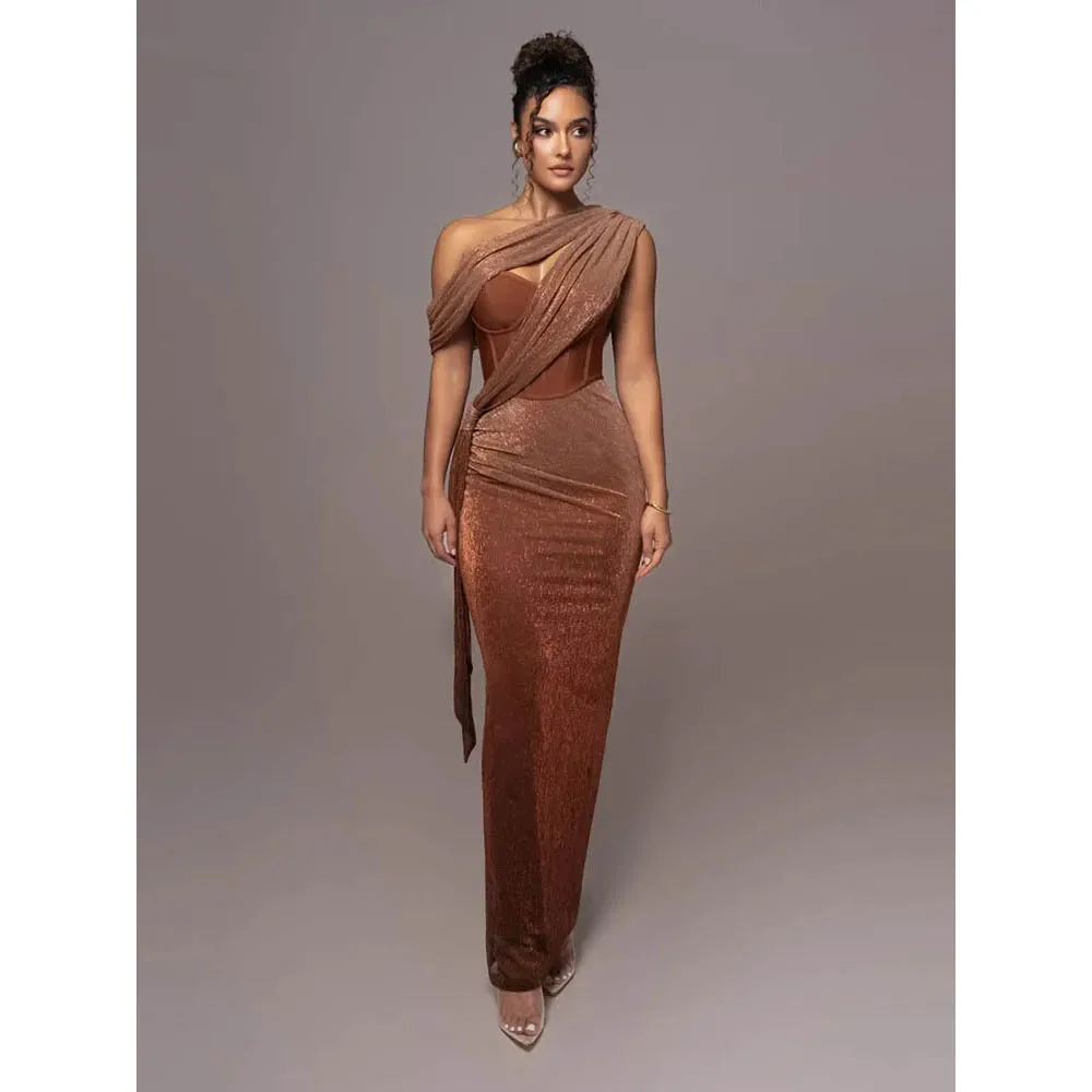 Sexy One Shoulder Draped Glitter Long Dress Women Brown Corset Sparkly Backless Bodycon Maxi Dresses