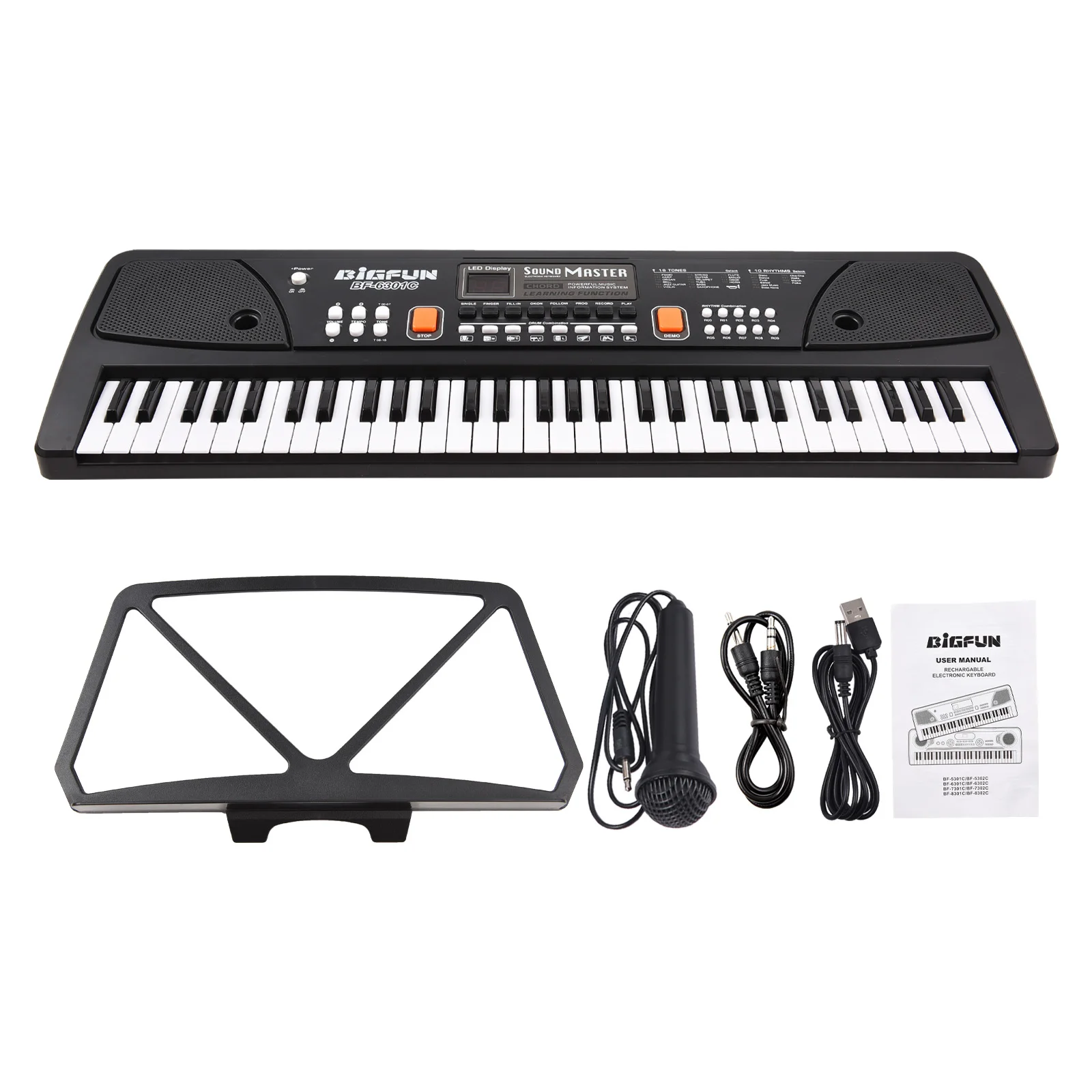 BIGFUN 61 teclas, órgano electrónico recargable, Piano eléctrico para niños con micrófono, teclado electrónico de música Digital negro