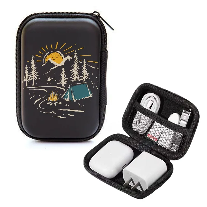 Tent Campfire Print EVA Hard Shell Electronics Organizer Shockproof Portable Cable Organizer Bag for Earbuds Hard Drive Cables