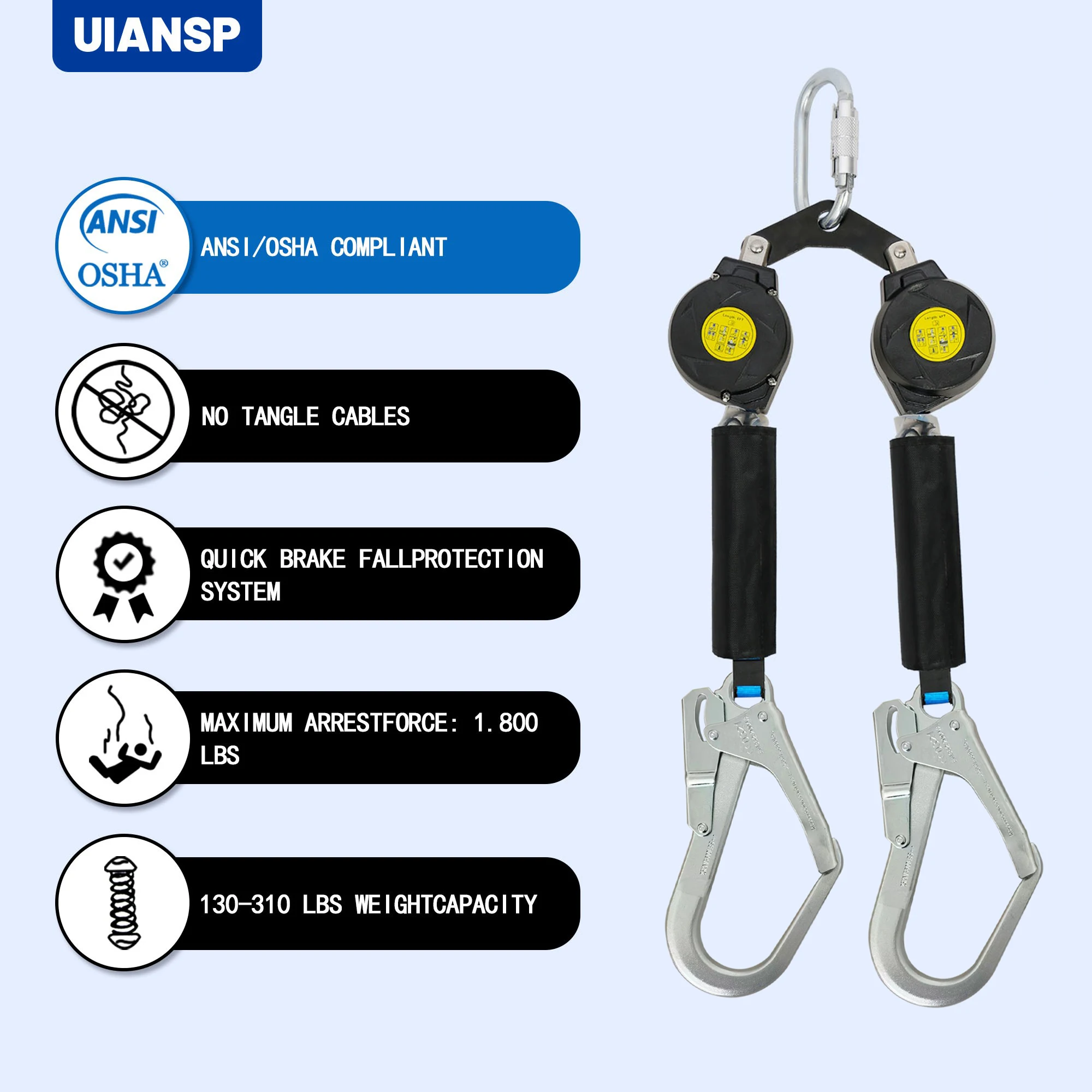Heavy Duty Self Retracting Lifeline Fall Arrest Device Self Lock Safety Lanyard For High Altitude Work (6FT)