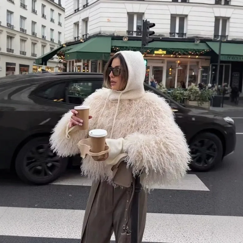Round Neck Artificial Fur Imitation Fur Short Jacket Women 2026 Winter Fluffy Warm Long Sleeves Solid Color Jacket Women's Coat