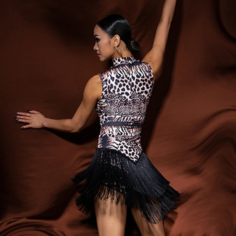 Vestido de baile latino con flecos de leopardo para mujer, Ropa de baile Cha Rumba para adultos, ropa de práctica para Club, DNV17923, 2023