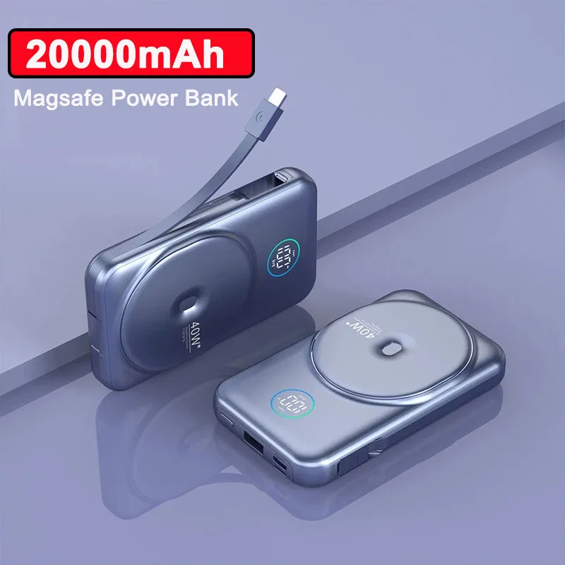 

20000mAh Magsafe Power Bank for iPhone 14 13 12 Samsung Huawei Xiaomi PD 40W Wireless Charger Fast Charging Powerbank with Cable