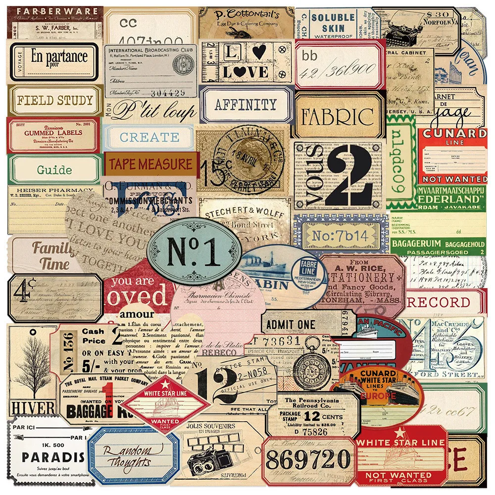 

50Pcs Vintage English Note Sticker Pack - Waterproof Decor for Luggage/Water Bottle - Journal DIY Supplies
