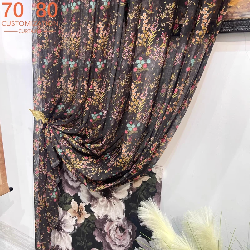 

Vintage French Black Embroidered Window Screen Curtains for Living Room Bedroom French Window Balcony Window Customized Villa