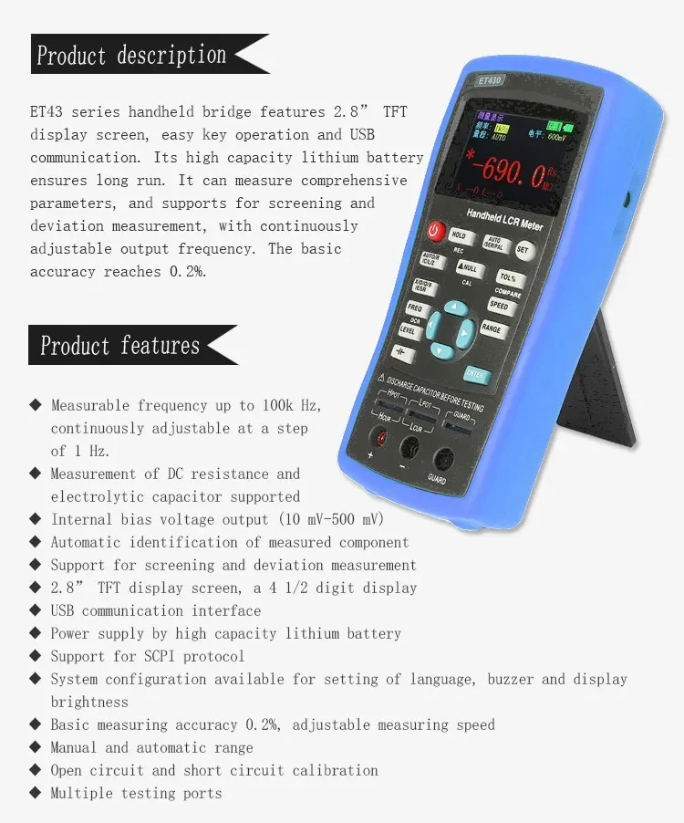 ET430 Handheld Lcr Meter Accuracy 0.30% Portable Capacitance Tester Digital Meter