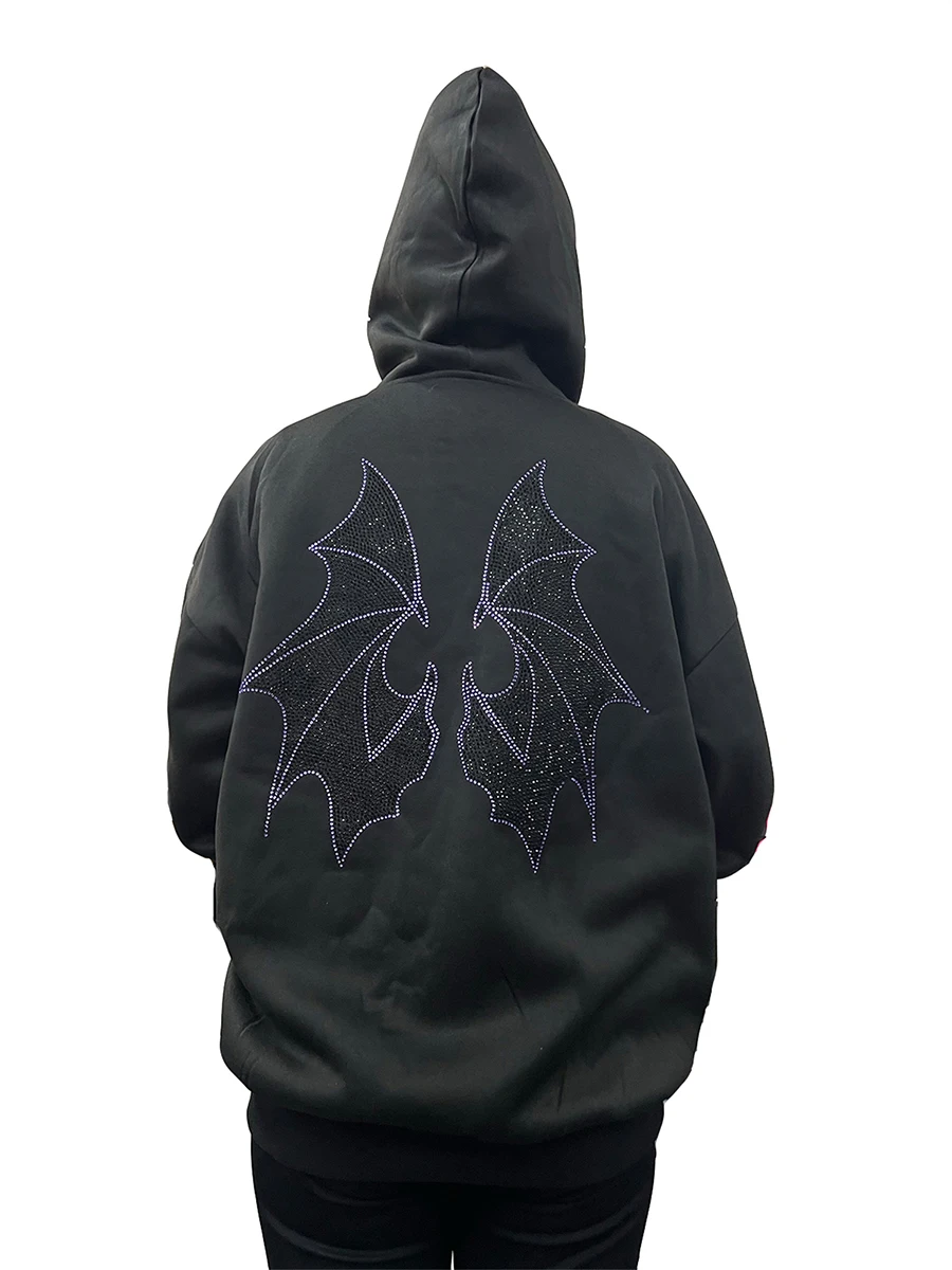 Damska czarna bluza z kapturem, zdobiona cekinami, stylowa bluza z długim rękawem, zapinana na zamek i z przednią kieszenią.