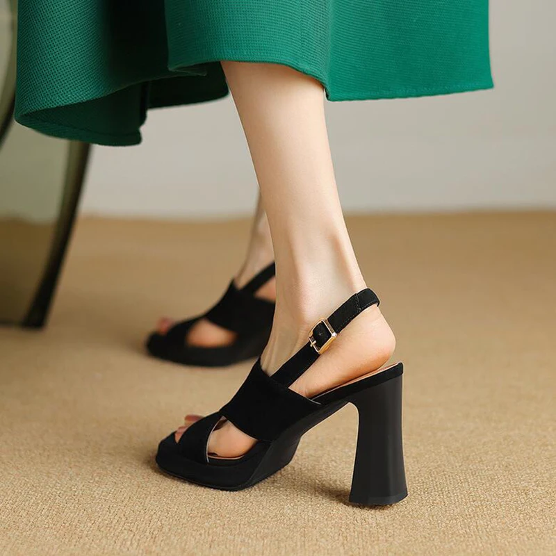 Vintage Style Green Chunky High Heel Sandal Summer New Women Shoe Cross Strap Open Toe Party Shoes Buckle Strap Platform Sandals