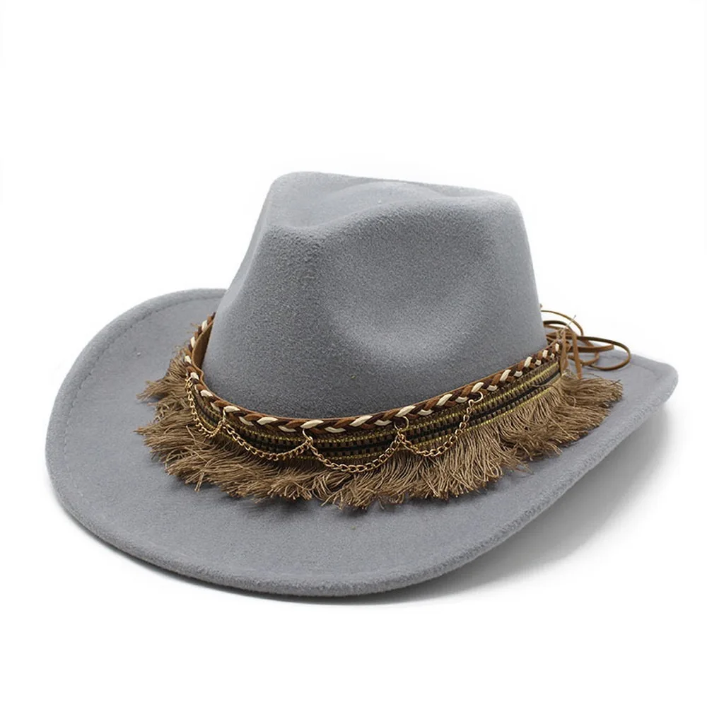 Cowboy Hat For Women And Men Tassels Jazz Cap Woolen 57-58cm Ethnic Style Curved Brim High Quality Cowgirl NZ0062